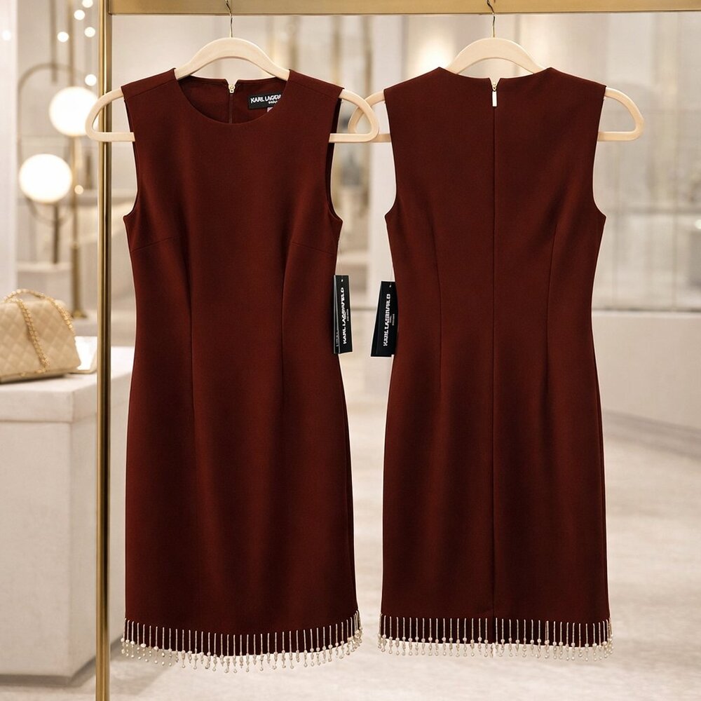 Karl Lagerfeld "Midnight Merlot" Pearl Fringe Sheath Dress | NWT | Size 2 - Picture 7 of 13